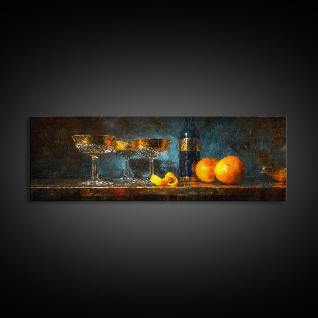 Champagne Coupe Tower Framed Canvas Print, Bar Art, Kitchen Print, Bar Decor, Oil Painting, Fine Art Print, Statement Artwork, BAR-3x1-74