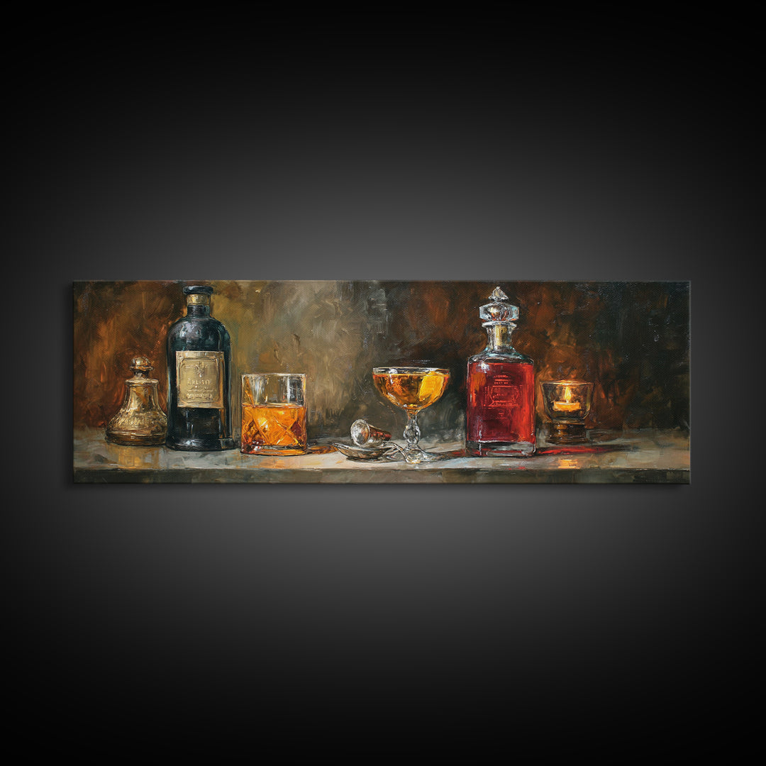 Orange Bitters and Bar Spoon Still Life Canvas Print, Bar Art, Bar Cart Decor, Bar Decor, Oil Painting, Minimalist Decor, BAR-3x1-85