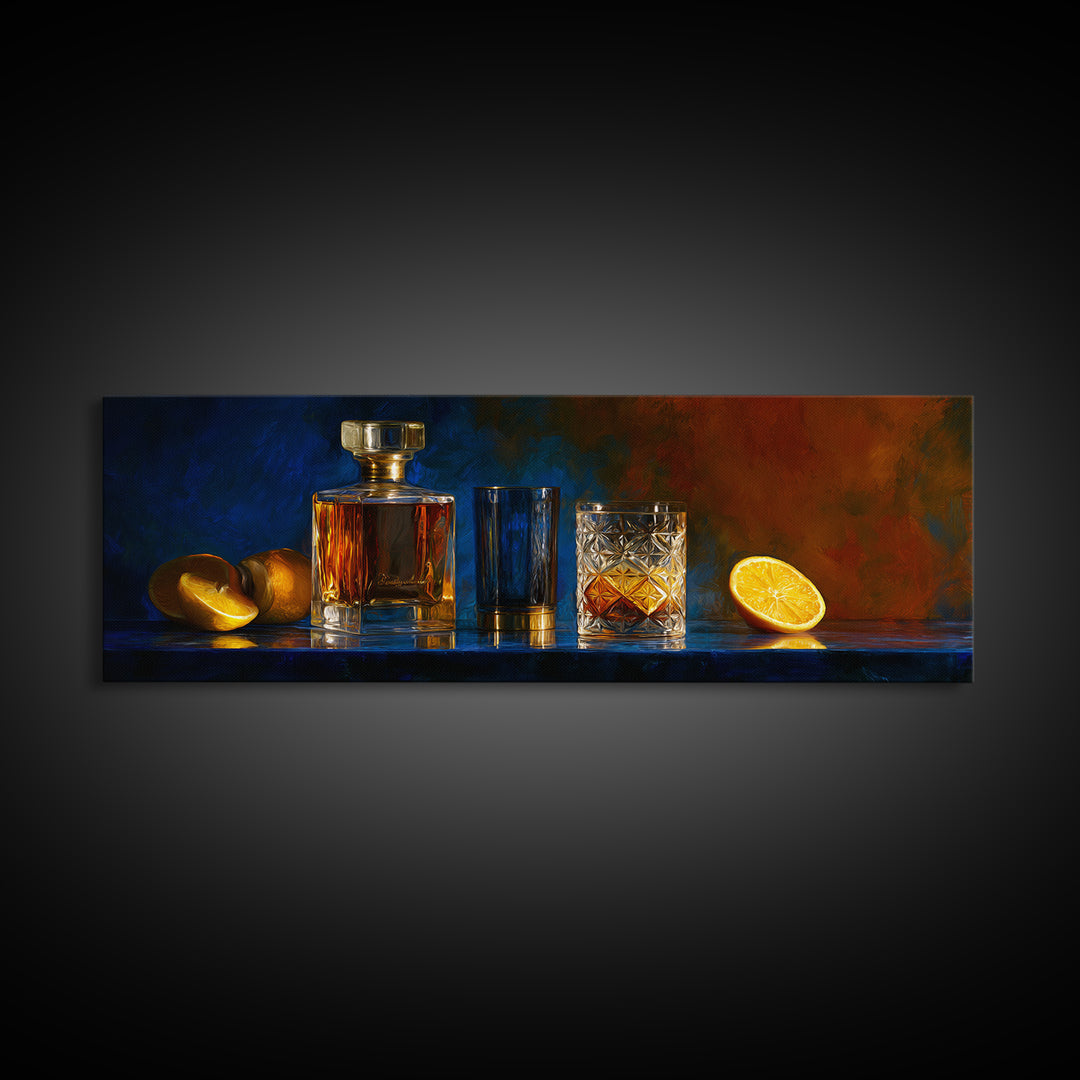 Whiskey Bottle and Cut Crystal Glass Framed Canvas Print, Bar Art, Living Room Art, Bar Decor, Fine Art, Luxury Decor, BAR-3x1-90