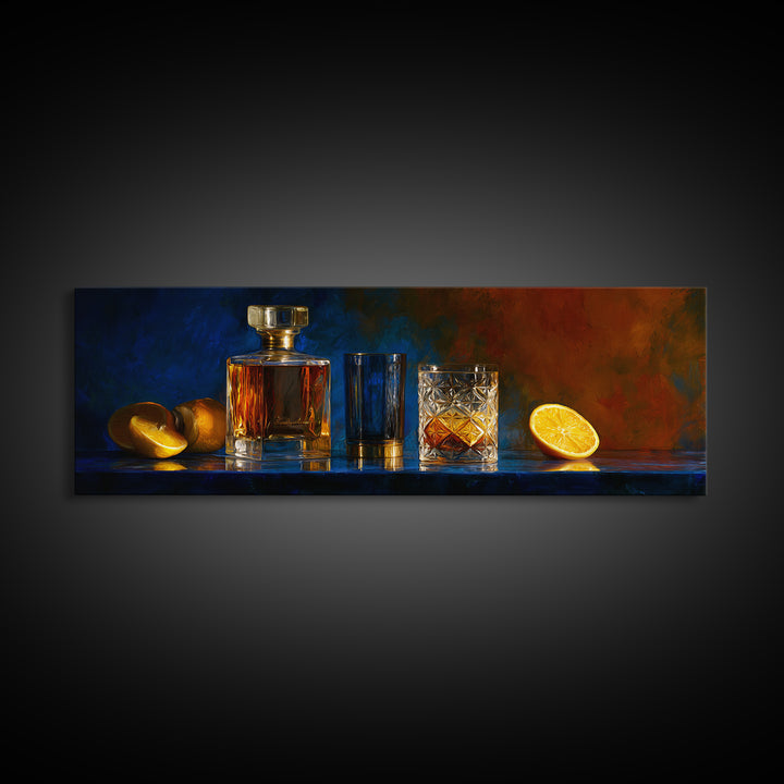 Whiskey Bottle and Cut Crystal Glass Framed Canvas Print, Bar Art, Living Room Art, Bar Decor, Fine Art, Luxury Decor, BAR-3x1-90