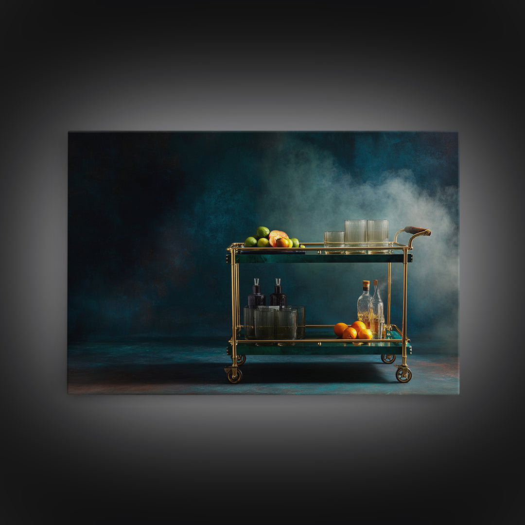 Luxury Emerald Bar Cart Arrangement Framed Canvas Print, Bar Art, Kitchen Wall Art, Bar Decor, Fine Art, Coffee Wall Art, BAR-3x2-2