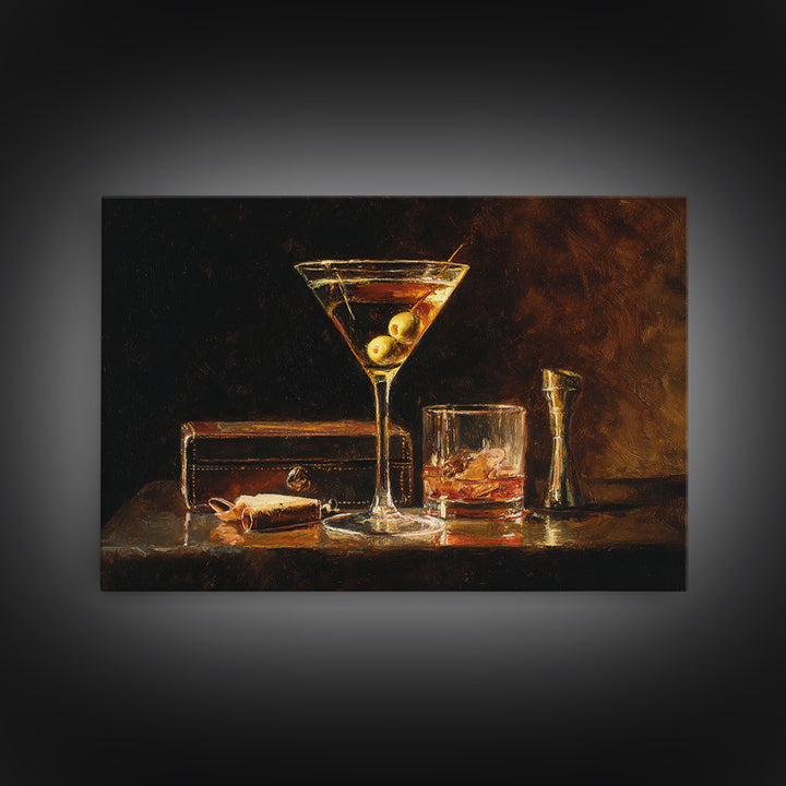 Martini Glass with Olive on a Black Framed Canvas Print, Bar Art, Apartment Decor, Bar Decor, Abstract Art, Living Room Art, BAR-3x2-7