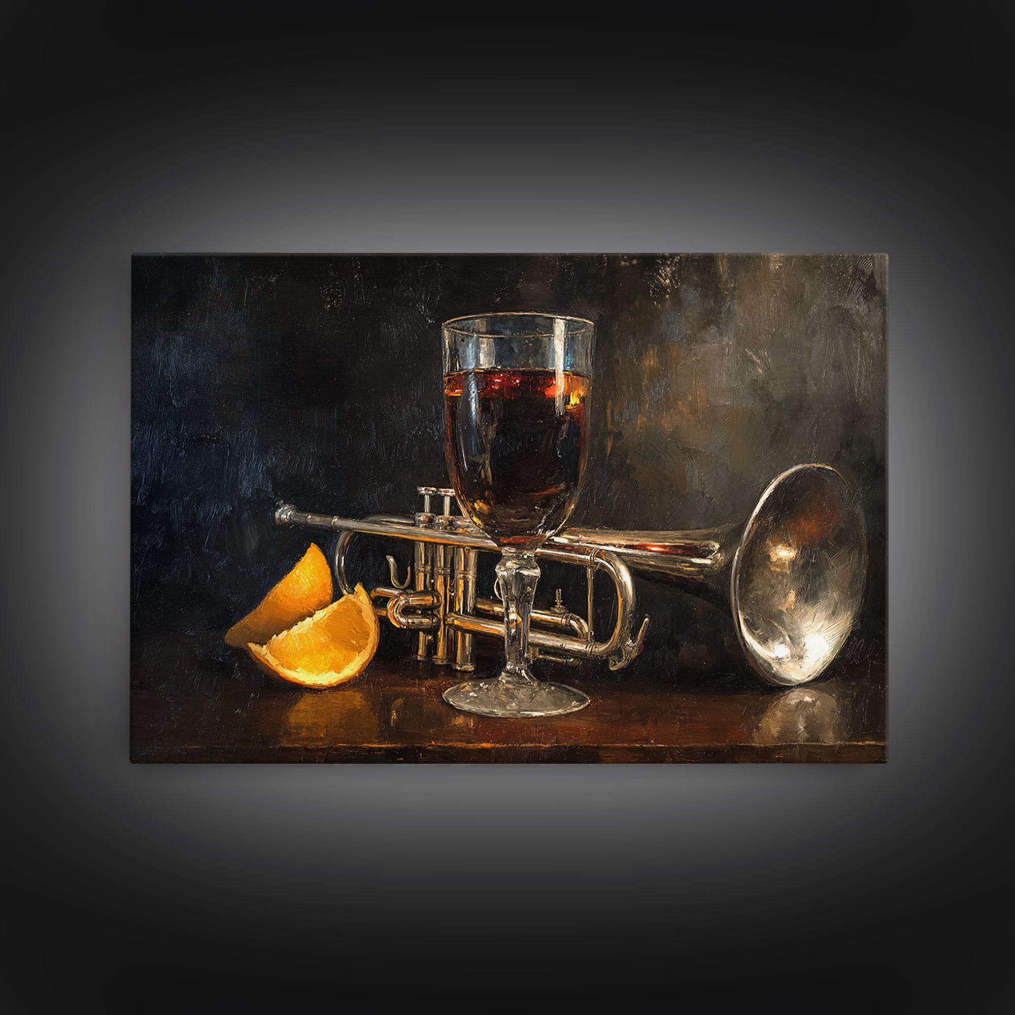 Moody Jazz Trumpet Beside a Half Full Framed Canvas Print, Bar Art, Bar Signs, Bar Decor, Fine Art, Modern Decor, BAR-3x2-70