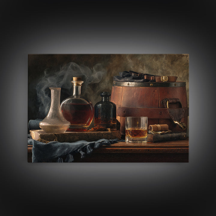 Bourbon Barrel Still Life Framed Canvas Print, Bar Art, Bar Cart Decor, Bar Decor, Oil Painting, Minimalist Decor, BAR-3x2-82