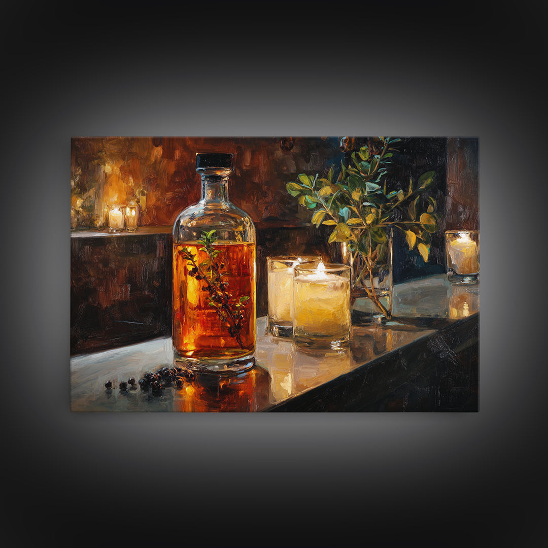 Gin Bottle with Botanicals and Juniper Branches Canvas Print, Bar Art, Bar, Bar Decor, Oil Painting, Living Room Art, BAR-3x2-83