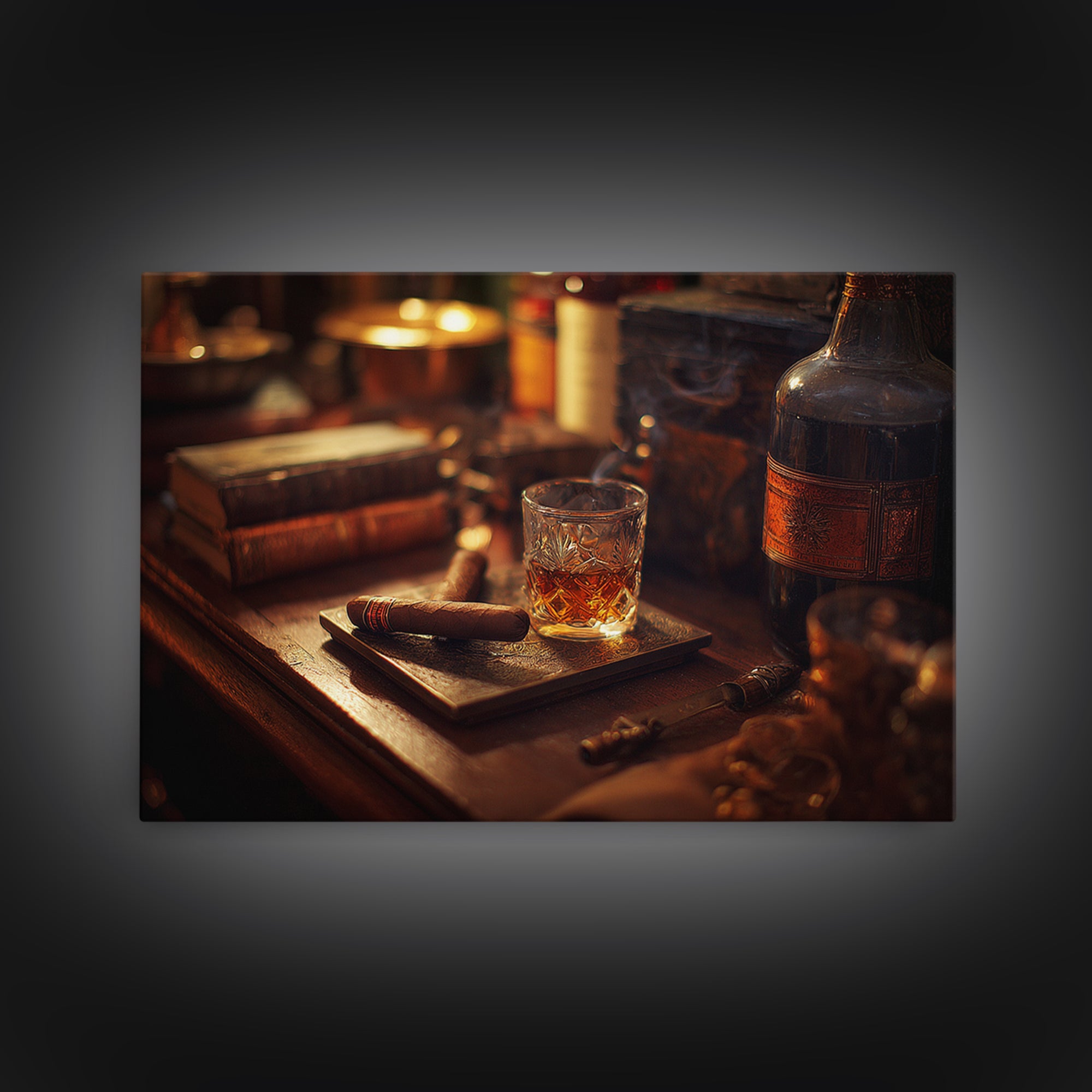 Dark Moody Cigar and Whiskey Still Life Framed Canvas Print, Bar Art, Statement Artwork, Bar Decor, Fine Art, BAR-3x2-85