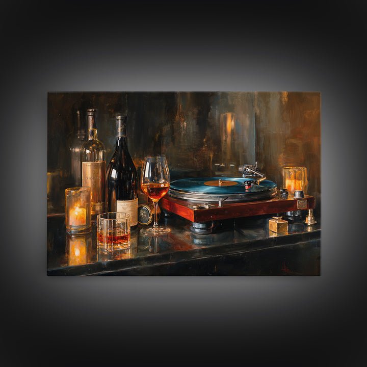 Wine and Record Player Lounge Still Life Canvas Print, Bar Art, Boho Decor, Bar Decor, Oil Painting, Art Print, BAR-3x2-89