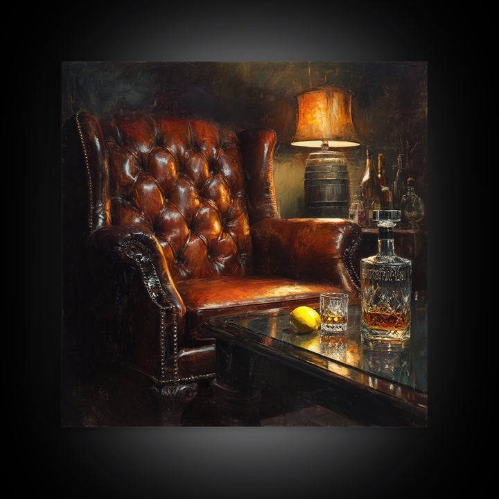 Whiskey Barrel and Leather Chair Mood Painting Canvas Print, Basement Art, Original Art Prints, Living Room Decor, Retreat, BAS-1x1-34