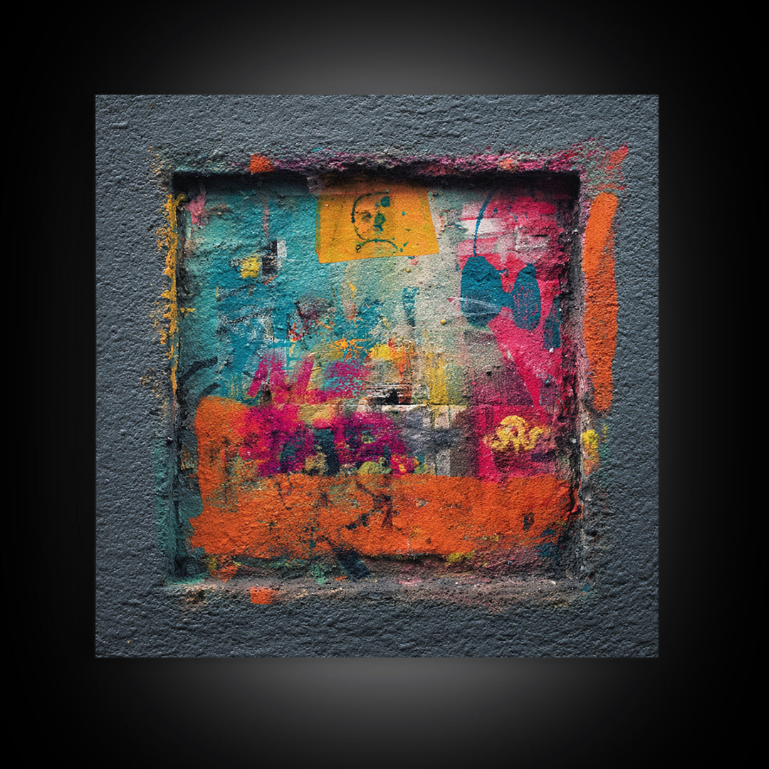 Urban Brick Graffiti Panel Framed Canvas Print, Basement Art, Custom Wall Art, Living Room Decor, Retreat, Baseball Decor, BAS-1x1-47