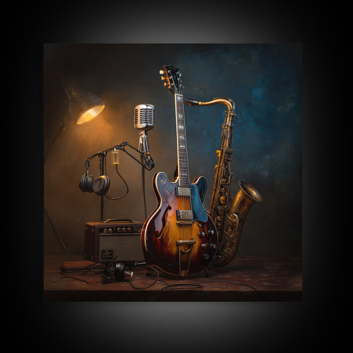 Classic Rock Guitar Still Life Framed Canvas Print, Basement Art, Fine Art Print, Living Room Decor, Fine Art, Retreat, BAS-1x1-53
