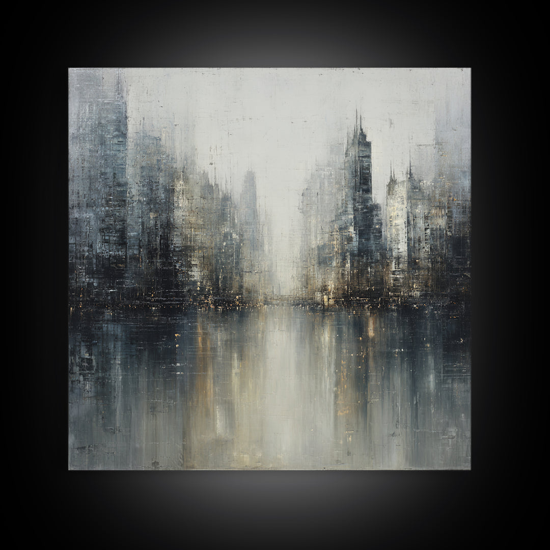 Dark Abstract City Skyline Framed Canvas Print, Basement Art, Western Decor, Living Room Decor, Retreat, Rustic Wall Art, BAS-1x1-7