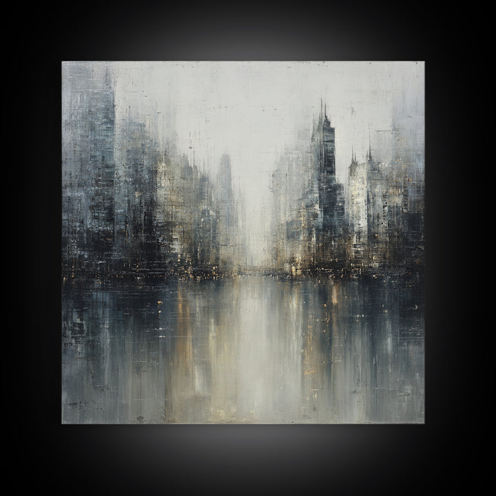 Dark Abstract City Skyline Framed Canvas Print, Basement Art, Western Decor, Living Room Decor, Retreat, Rustic Wall Art, BAS-1x1-7