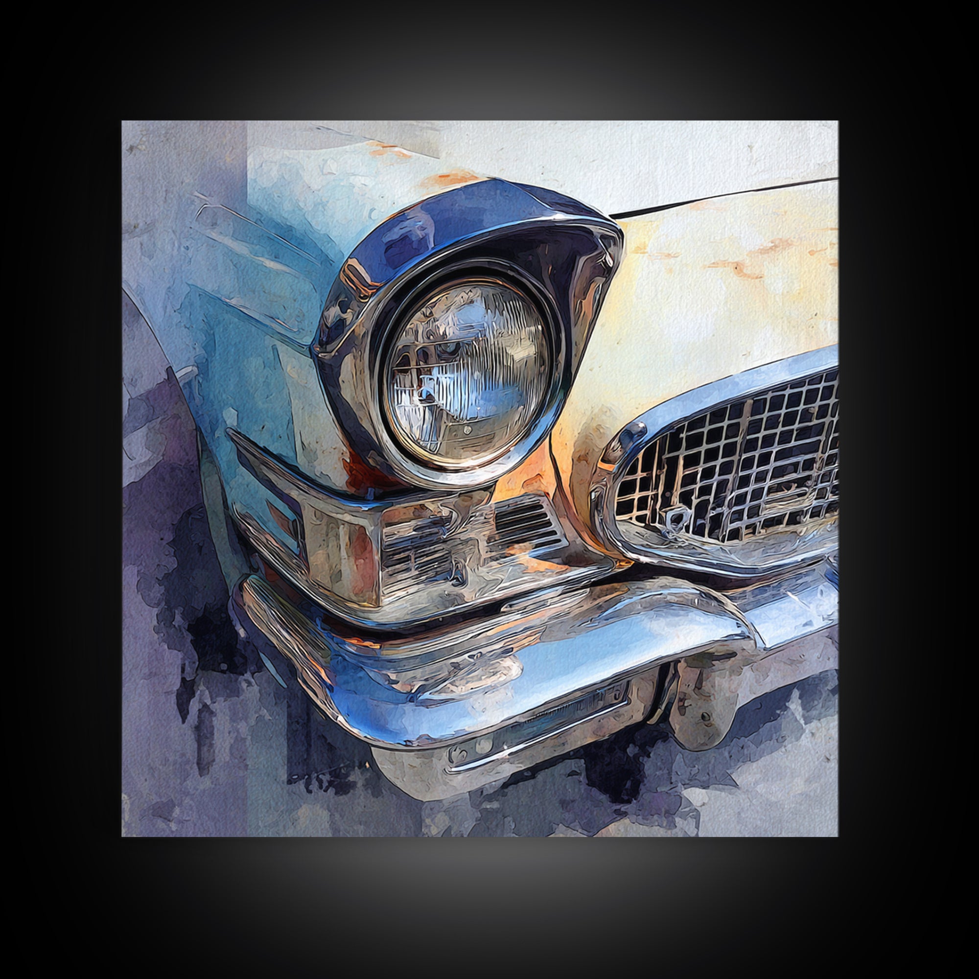 Classic Car Front Grill Closeup Framed Canvas Print, Basement Art, Rustic Wall Art, Living Room Decor, Fine Art, Retreat, BAS-1x1-70