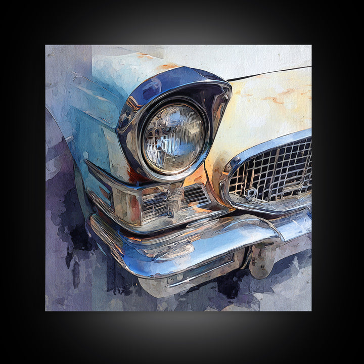 Classic Car Front Grill Closeup Framed Canvas Print, Basement Art, Rustic Wall Art, Living Room Decor, Fine Art, Retreat, BAS-1x1-70