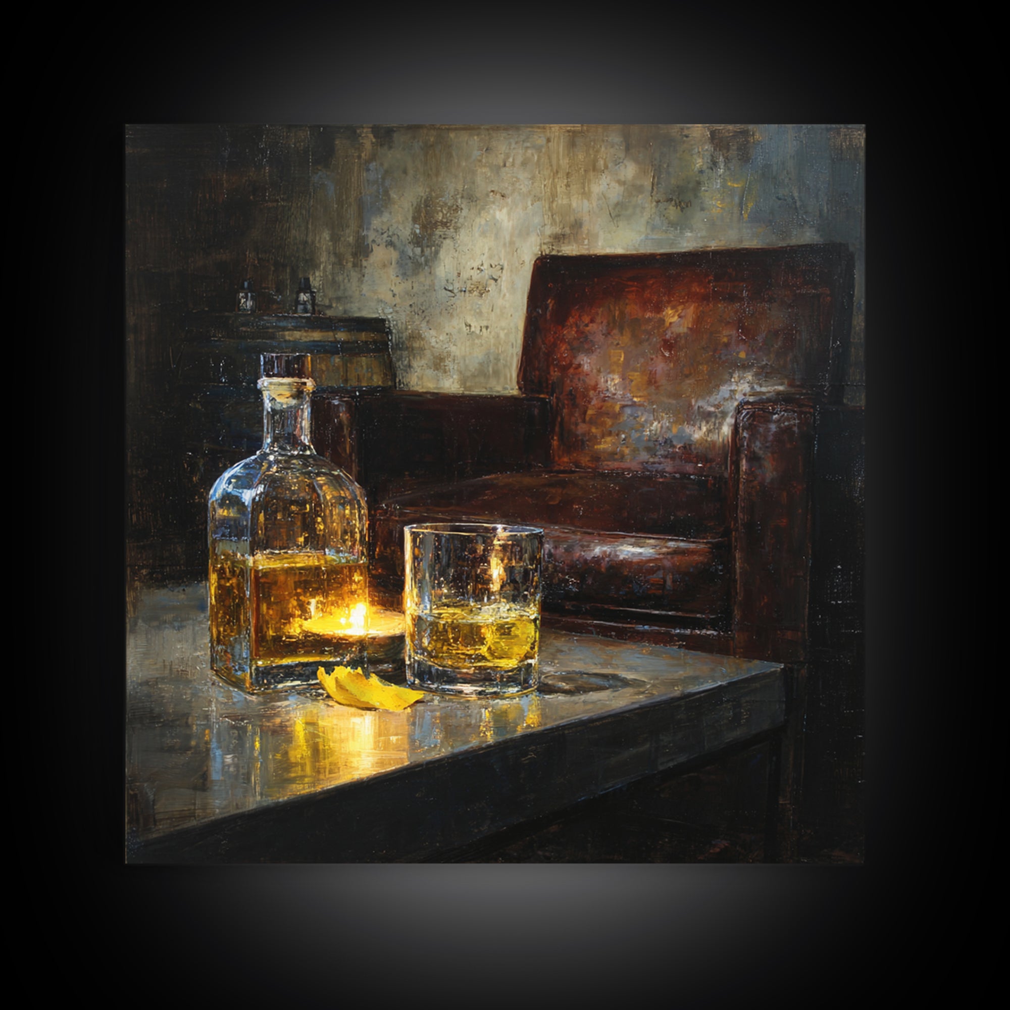 Whiskey Barrel and Leather Chair Mood Painting Canvas Print, Basement Art, Neutral Decor, Living Room Decor, Oil Painting, BAS-1x1-82