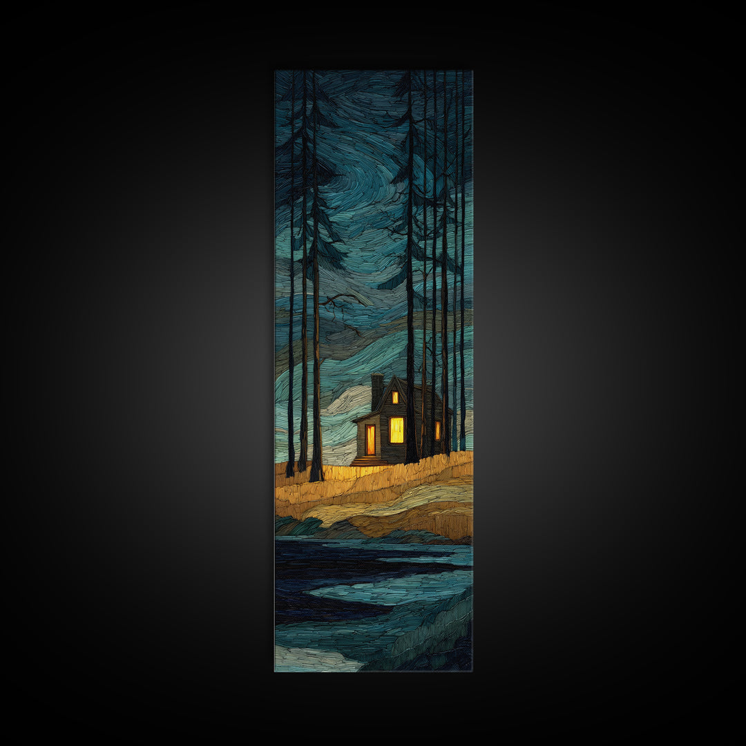 Forest Cabin Night Scene Canvas Print, Basement Art, Canvas, Living Room Decor, Retreat, Bar Art, Digital Art Download, BAS-1x3-27