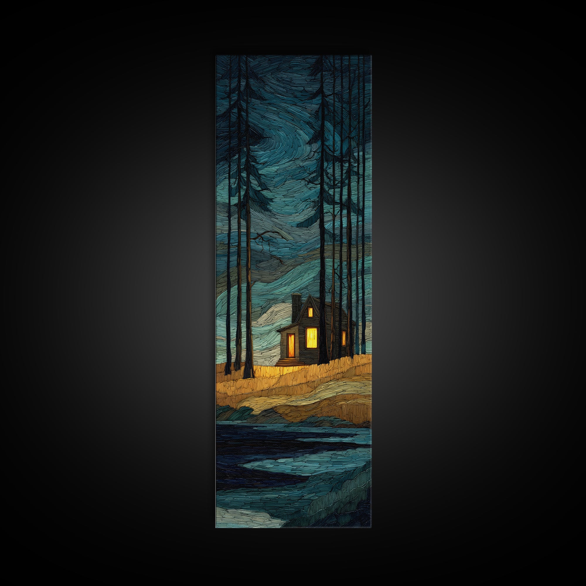 Forest Cabin Night Scene Canvas Print, Basement Art, Canvas, Living Room Decor, Retreat, Bar Art, Digital Art Download, BAS-1x3-27