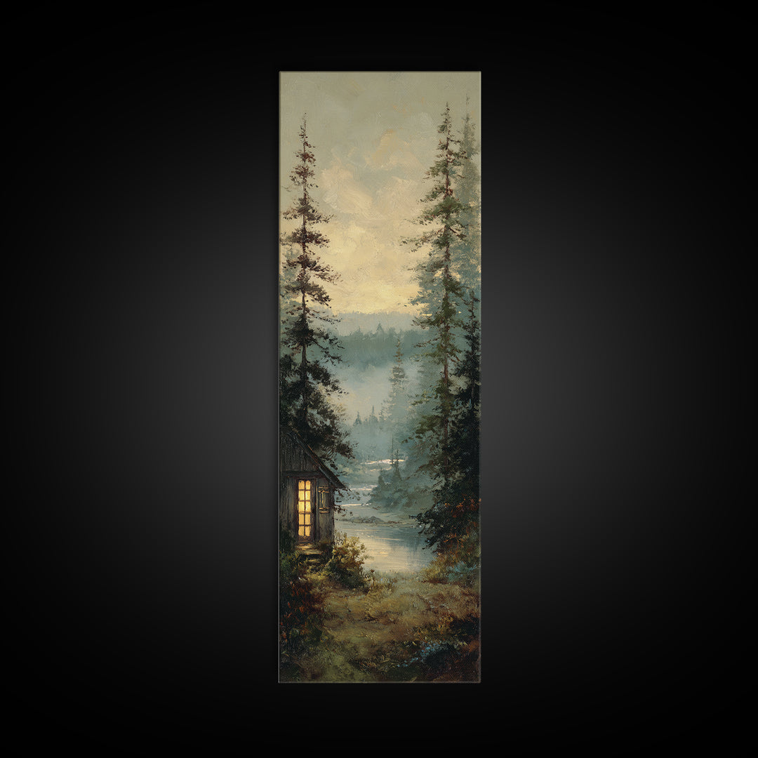 Forest Cabin Night Scene Canvas Print, Basement Art, Bar Decor, Living Room Decor, Fine Art, Retreat, Game Room Decor, BAS-1x3-51