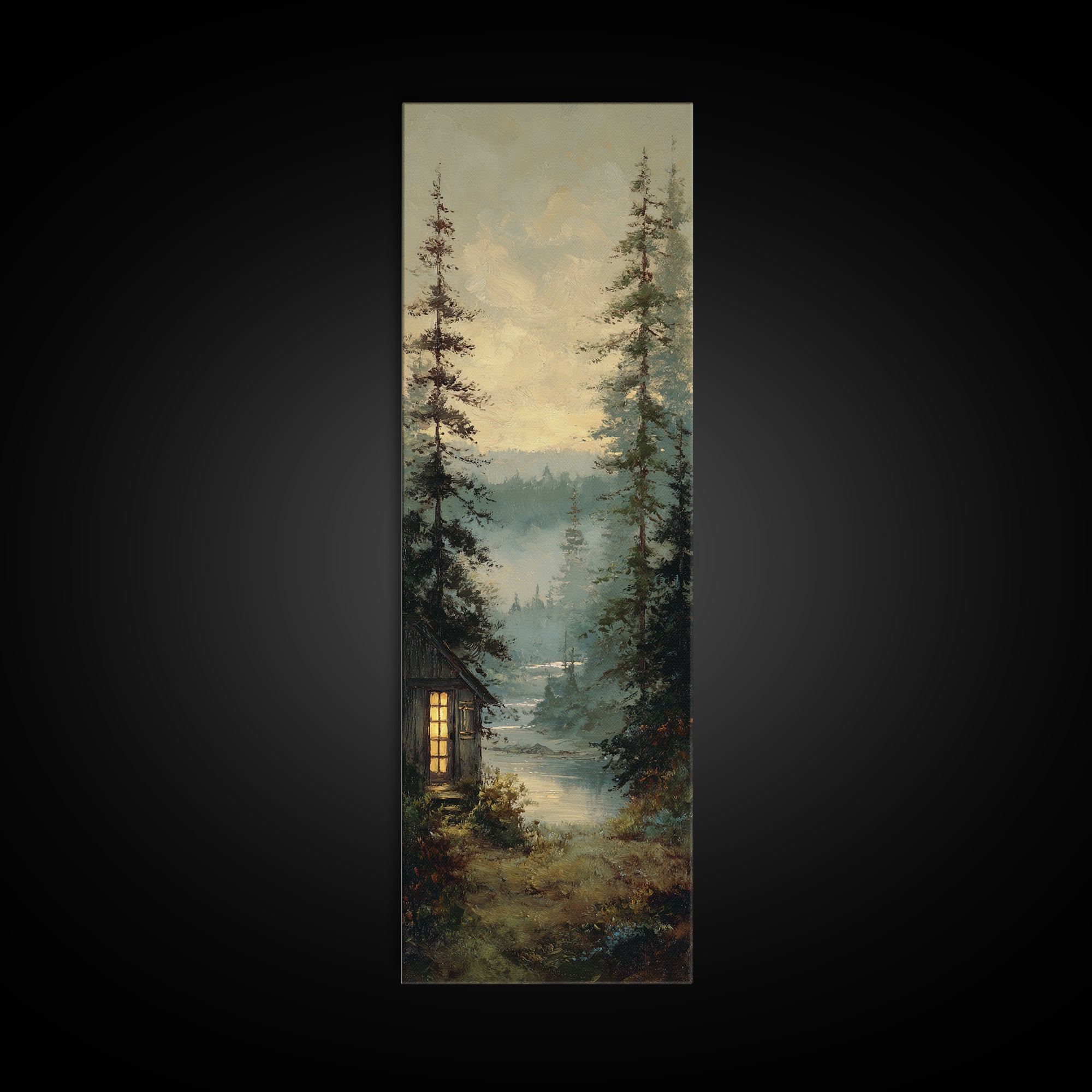 Forest Cabin Night Scene Canvas Print, Basement Art, Bar Decor, Living Room Decor, Fine Art, Retreat, Game Room Decor, BAS-1x3-51