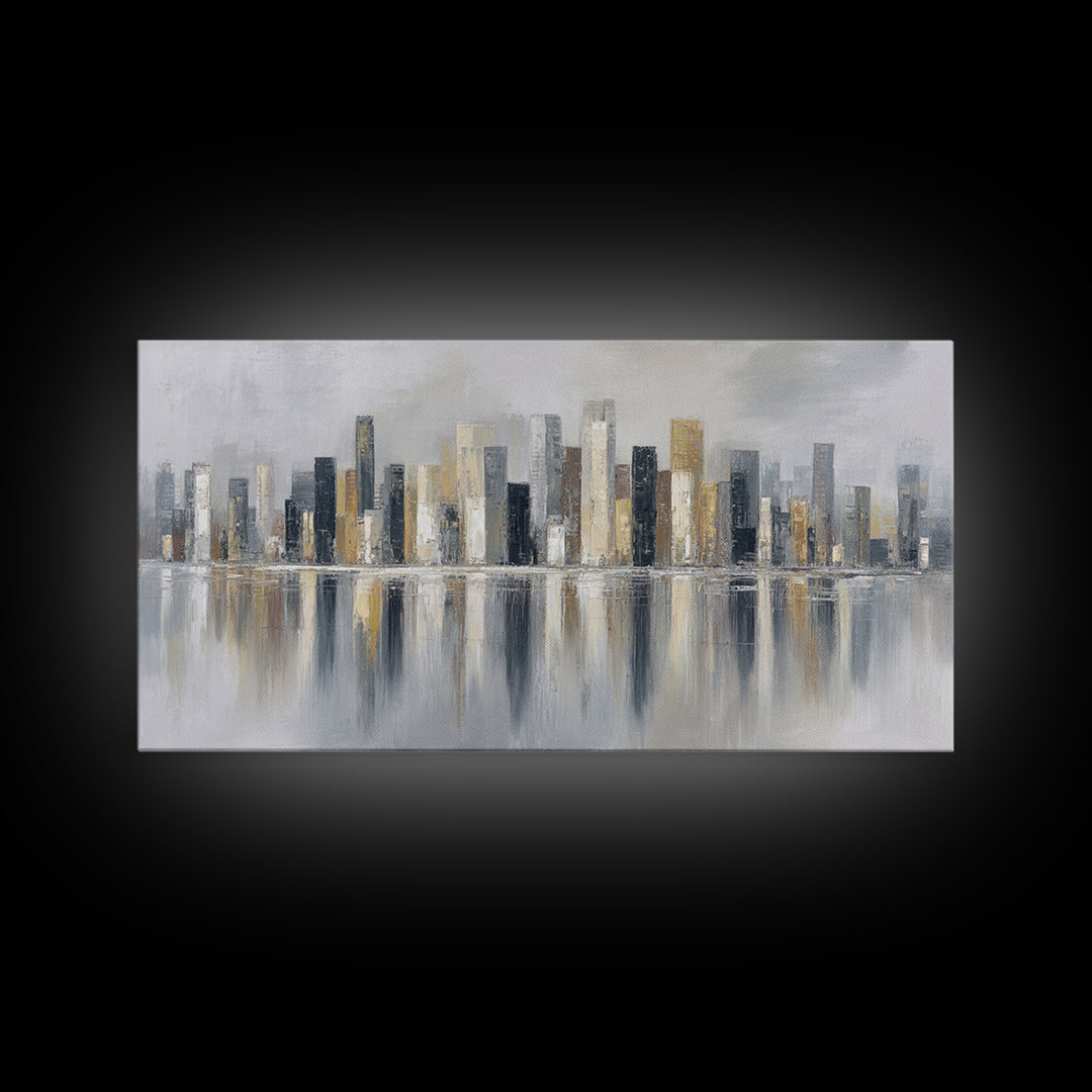 Dark Abstract City Skyline Framed Canvas Print, Basement Art, Western Decor, Living Room Decor, Retreat, Rustic Wall Art, BAS-2x1-3