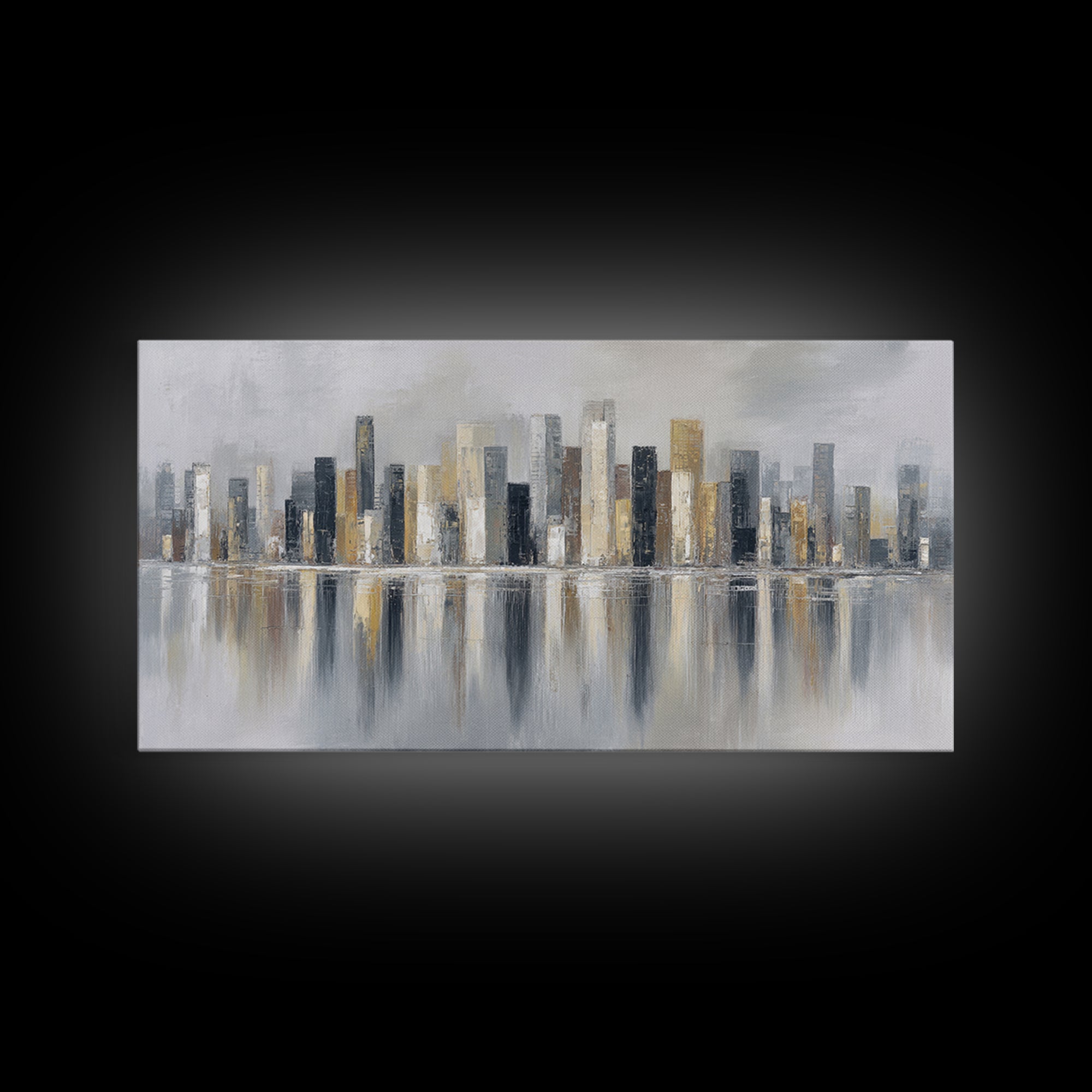 Dark Abstract City Skyline Framed Canvas Print, Basement Art, Western Decor, Living Room Decor, Retreat, Rustic Wall Art, BAS-2x1-3
