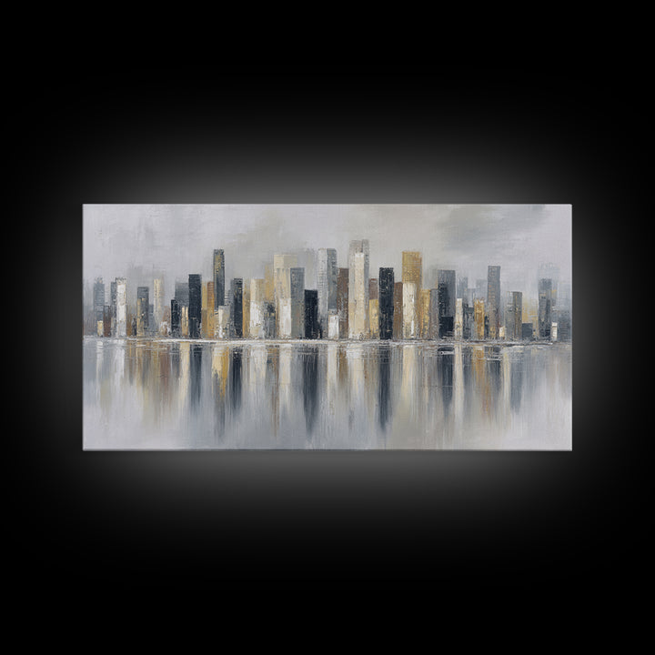 Dark Abstract City Skyline Framed Canvas Print, Basement Art, Western Decor, Living Room Decor, Retreat, Rustic Wall Art, BAS-2x1-3