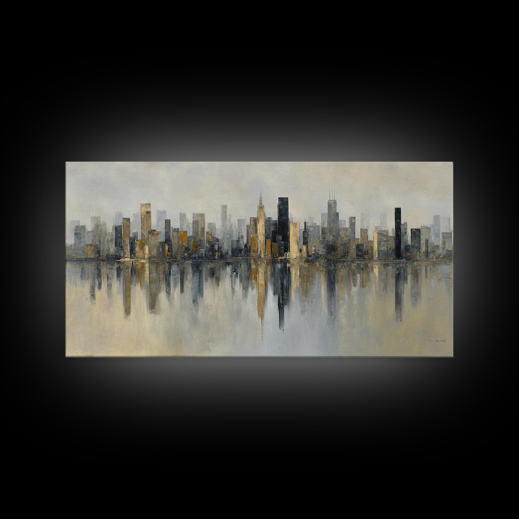 Dark Abstract City Skyline Framed Canvas Print, Basement Art, Digital Art Prints, Living Room Decor, Abstract Art, Retreat, BAS-2x1-51