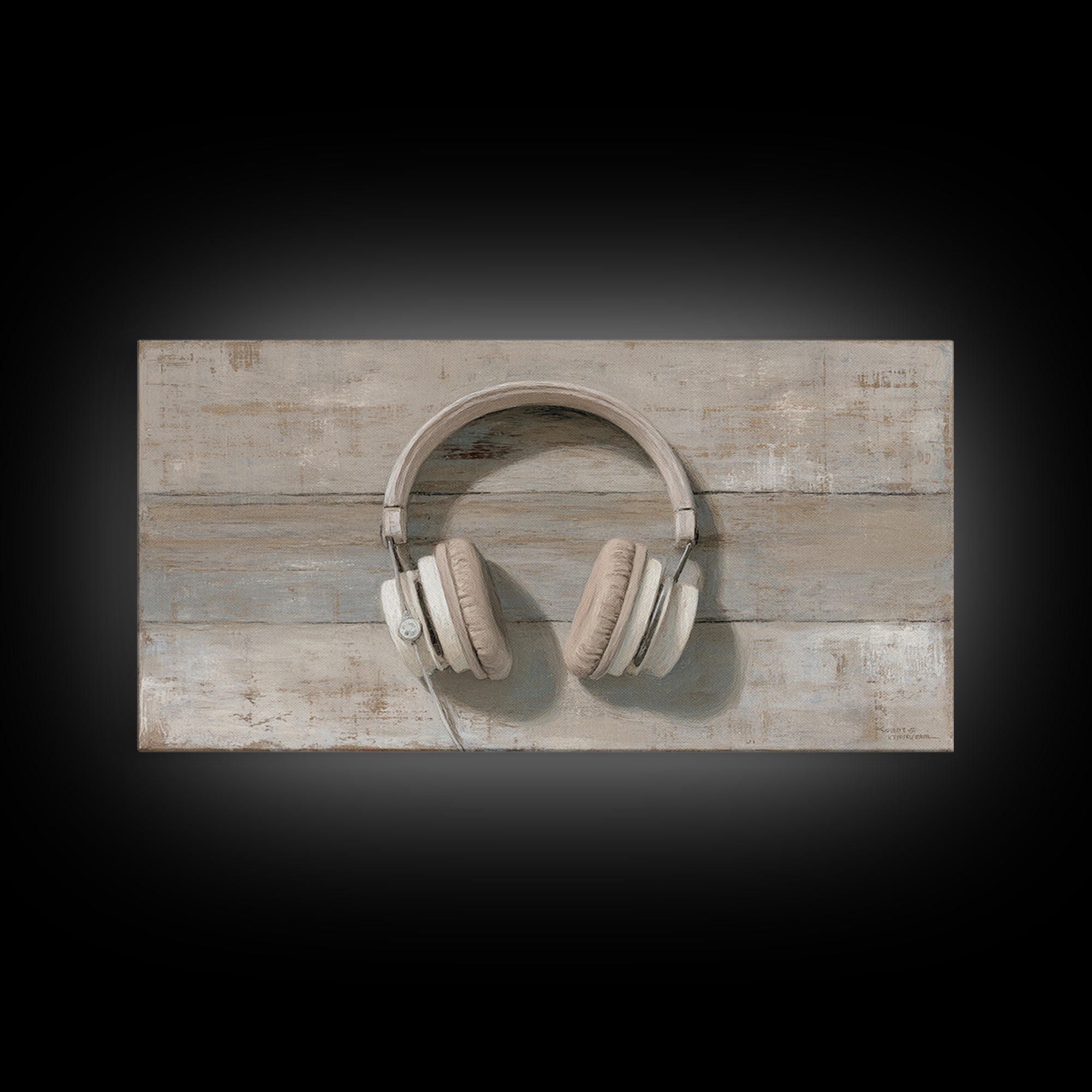 Vinyl Record and Headphones on Worn Wood Canvas Print, Basement Art, Classroom Decor, Living Room Decor, Oil Painting, Retreat, BAS-2x1-53