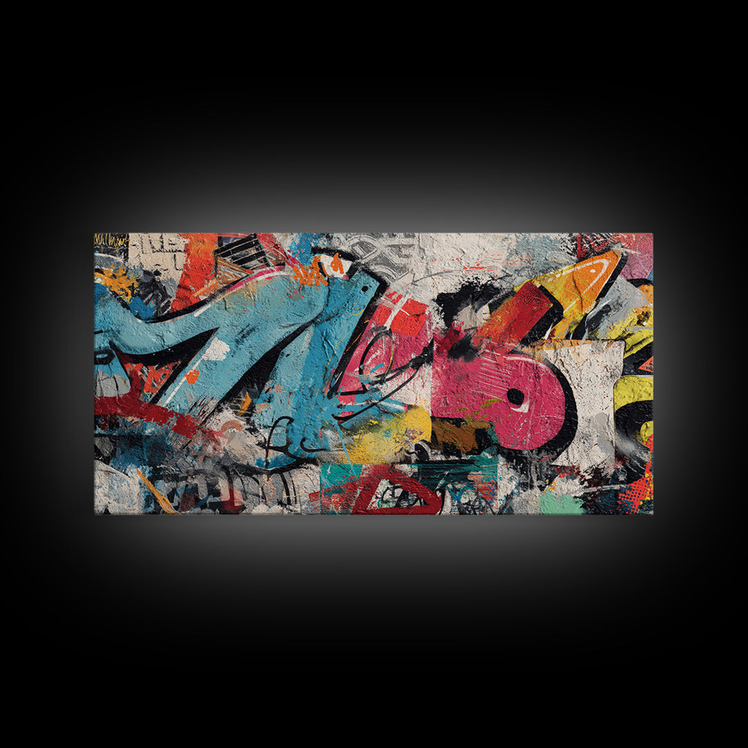 Urban Brick Graffiti Panel Framed Canvas Print, Basement Art, Game Room Decor, Living Room Decor, Fine Art, Retreat, BAS-2x1-67