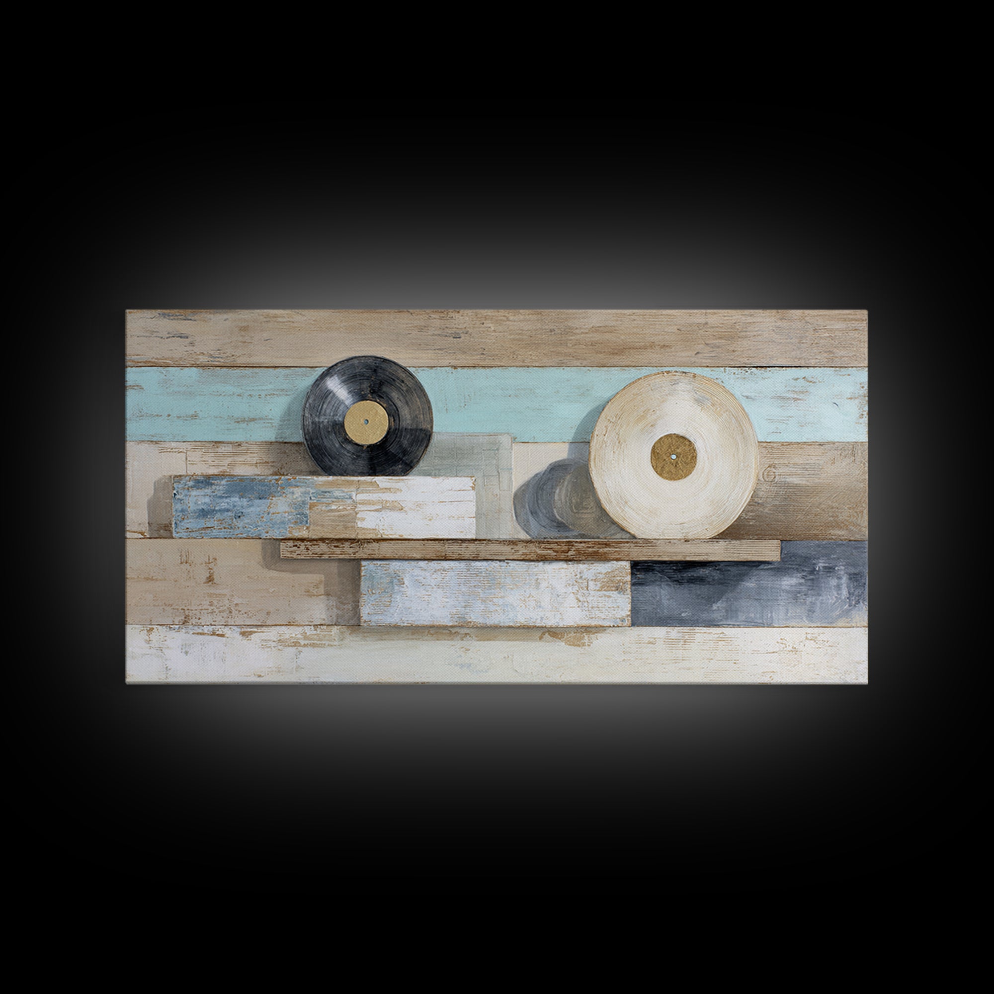Vinyl Record and Headphones on Worn Wood Canvas Print, Basement Art, Classroom Decor, Living Room Decor, Oil Painting, Retreat, BAS-2x1-77