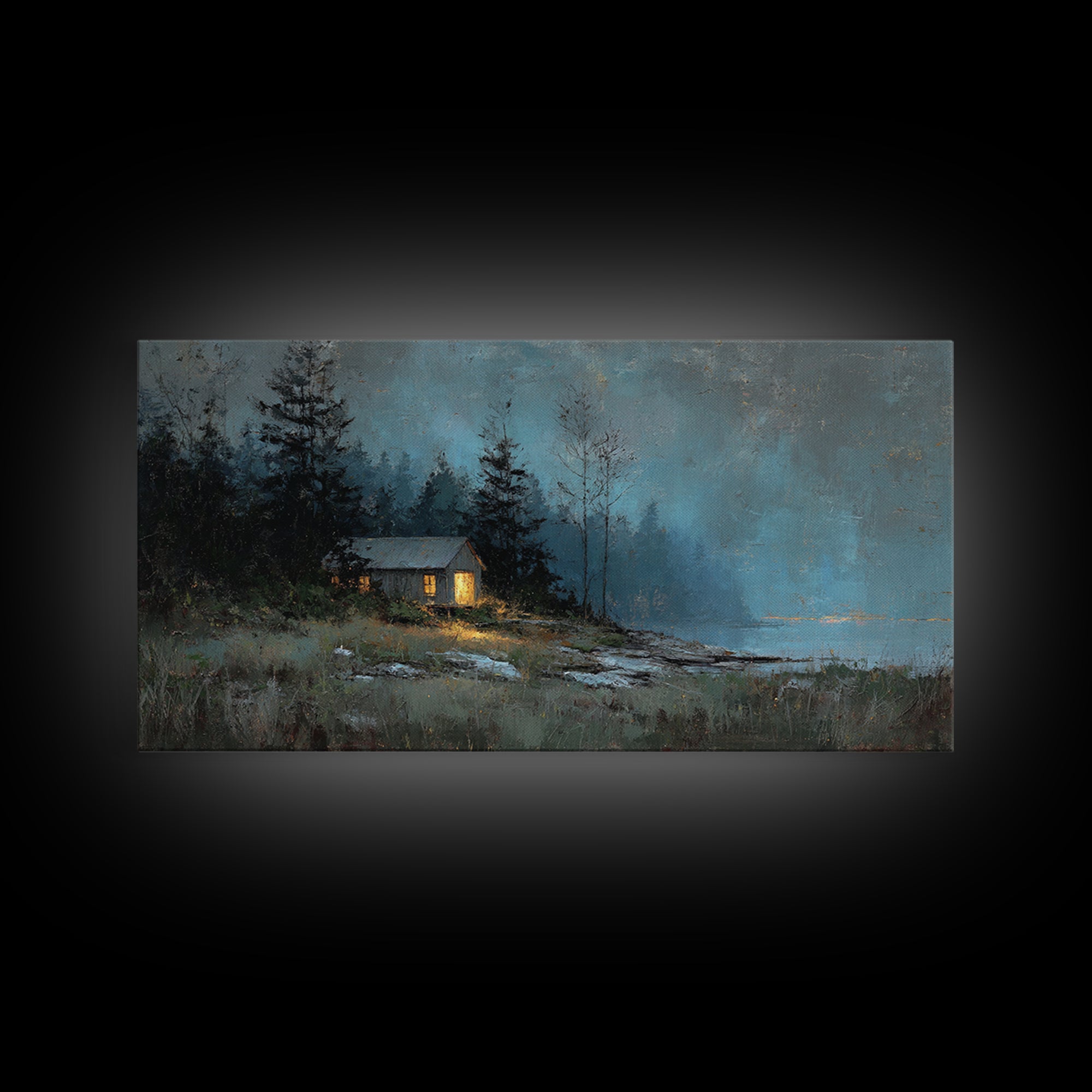 Forest Cabin Night Scene Framed Canvas Print, Basement Art, Contemporary Art, Living Room Decor, Oil Painting, Retreat, BAS-2x1-83