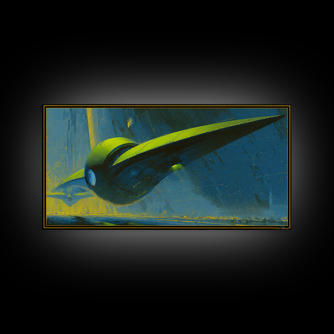 Retro Sci Fi Spaceship Poster for Entertainment Framed Canvas Print, Basement Art, Modern Wall Art, Living Room Decor, Retreat, BAS-2x1-85