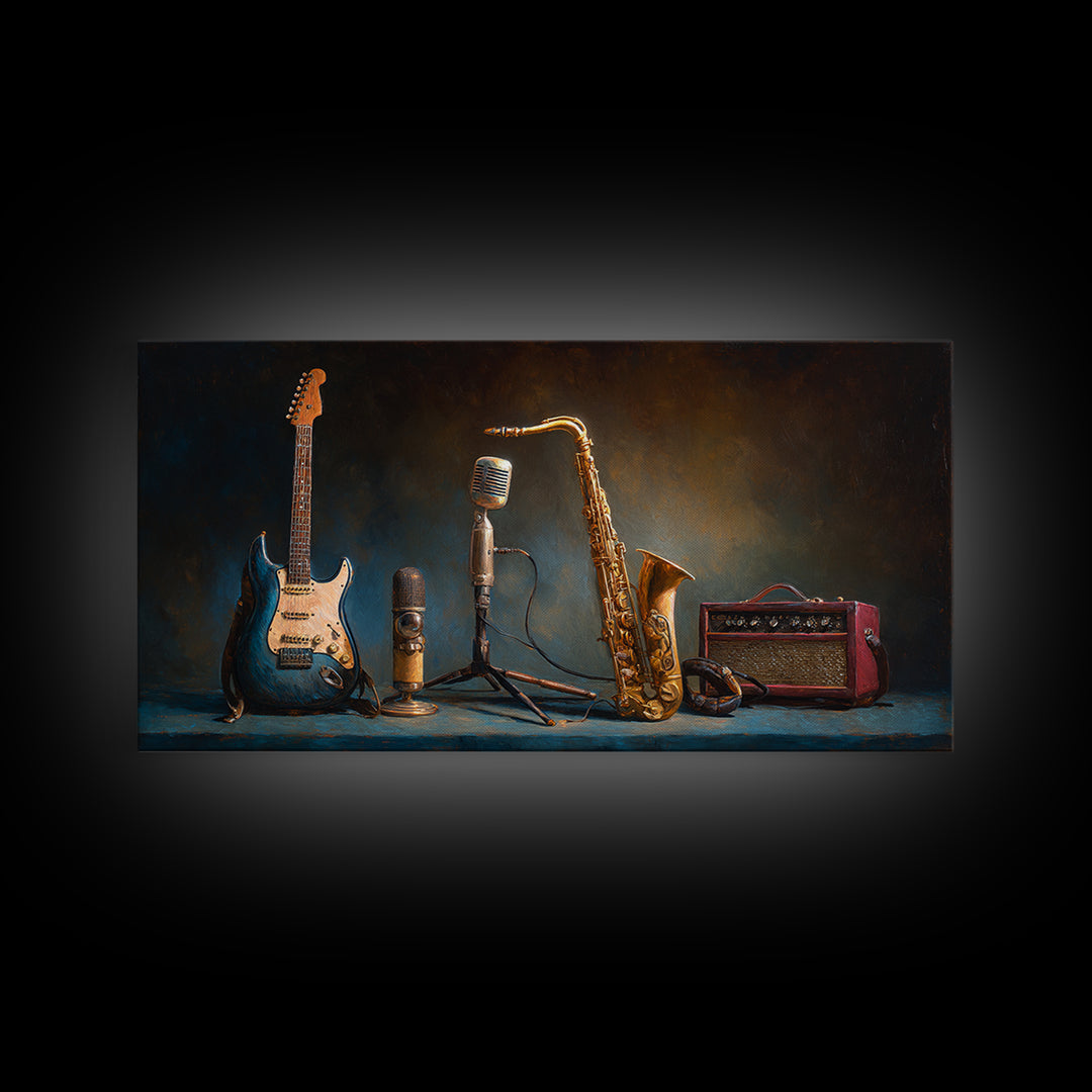 Classic Rock Guitar Still Life Framed Canvas Print, Basement Art, Digital Art Prints, Living Room Decor, Fine Art, Retreat, BAS-2x1-97