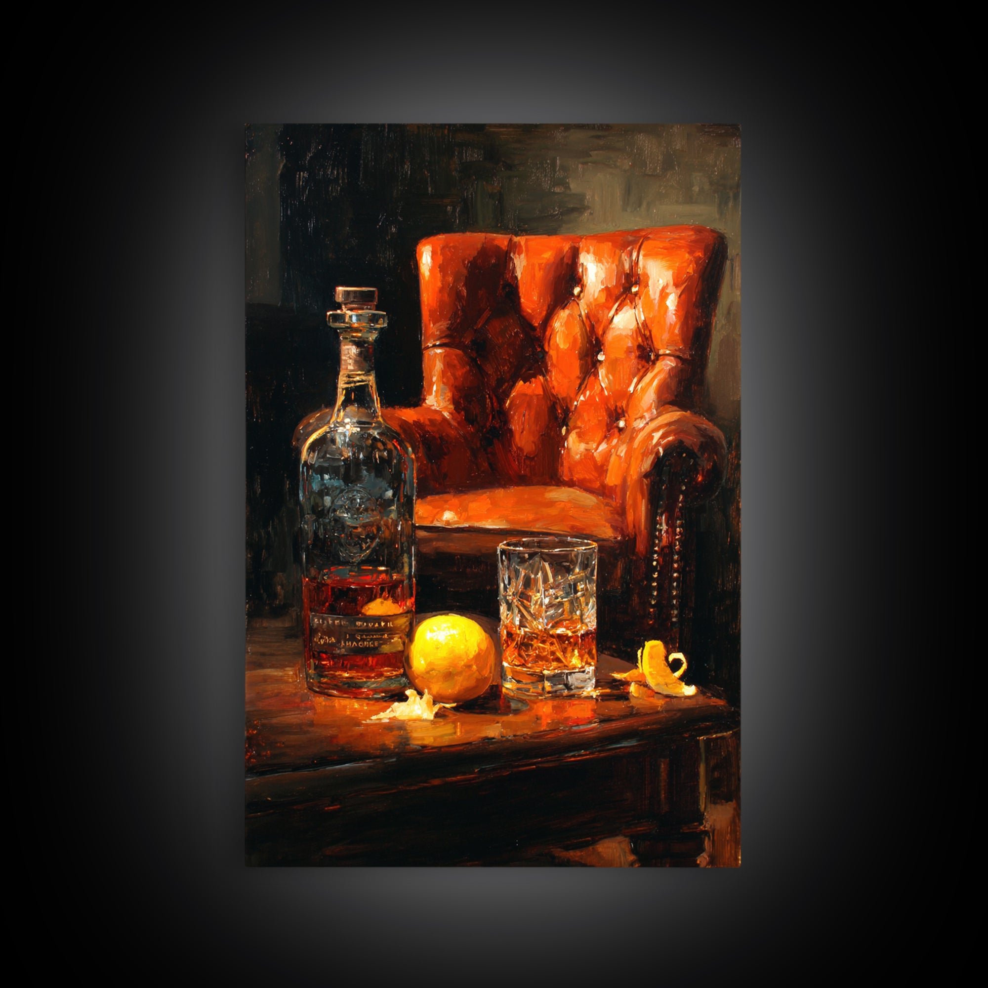 Whiskey Barrel and Leather Chair Mood Painting Canvas Print, Basement Art, Home Decor, Living Room Decor, Oil Painting, Retreat, BAS-2x3-66