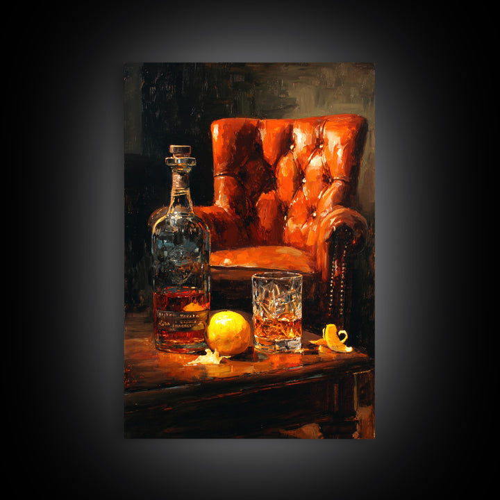 Whiskey Barrel and Leather Chair Mood Painting Canvas Print, Basement Art, Home Decor, Living Room Decor, Oil Painting, Retreat, BAS-2x3-66
