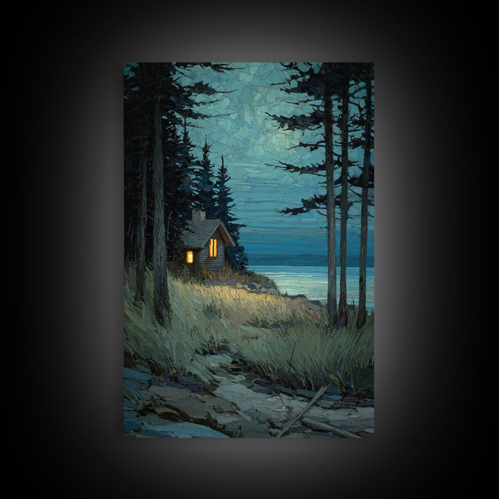 Forest Cabin Night Scene Canvas Print, Basement Art, Oil Painting, Living Room Decor, Retreat, Man Cave Decor, Bar Wall Art, BAS-2x3-71