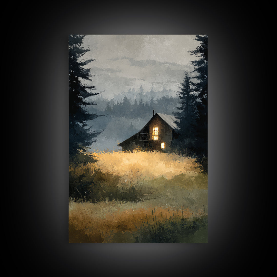 Forest Cabin Night Scene Canvas Print, Basement Art, Digital Art Download, Living Room Decor, Retreat, Steampunk Wall Art, BAS-2x3-95