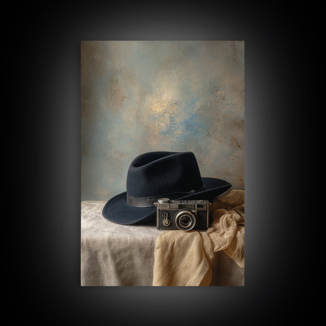 Noir Detective Hat and Camera Still Life Canvas Print, Basement Art, Digital Art Prints, Living Room Decor, Fine Art, Retreat, BAS-2x3-99