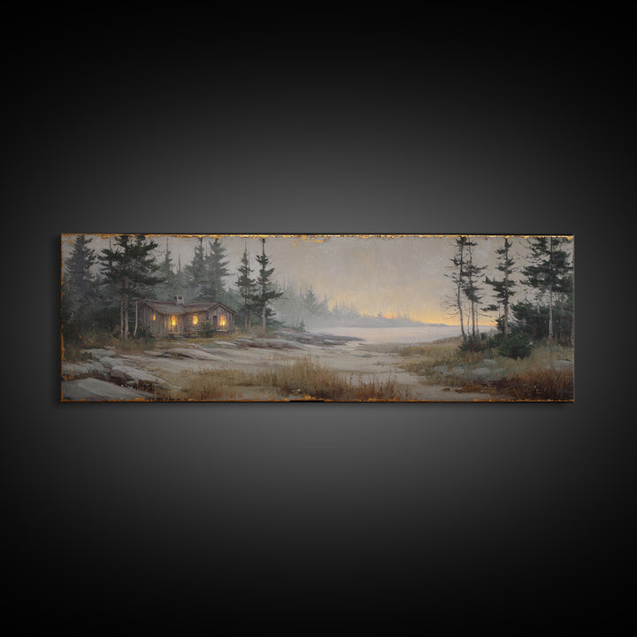 Forest Cabin Night Scene Canvas Print, Basement Art, Luxury Decor, Living Room Decor, Fine Art, Retreat, Oil Painting, BAS-3x1-31