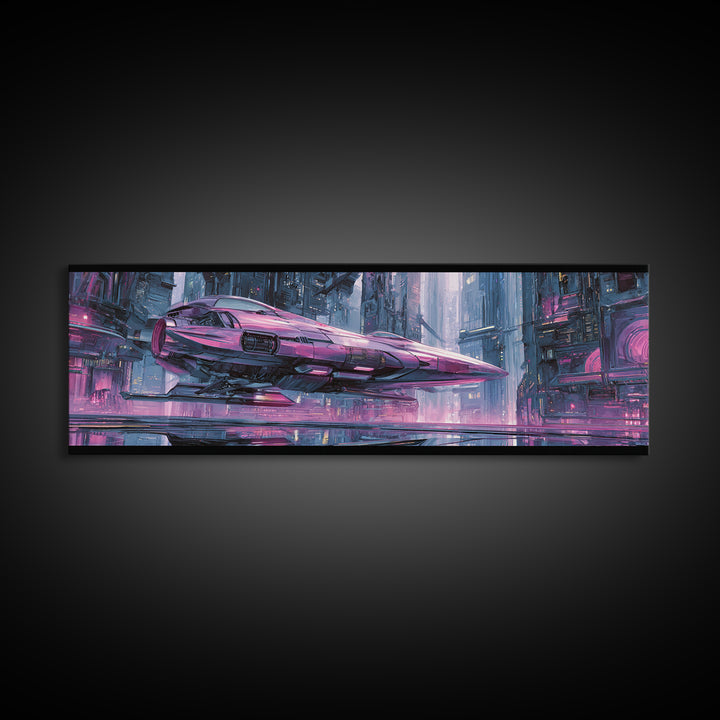 Retro Sci Fi Spaceship Poster for Entertainment Canvas Print, Basement Art, Bar Decor, Living Room Decor, Fine Art, Retreat, BAS-3x1-33