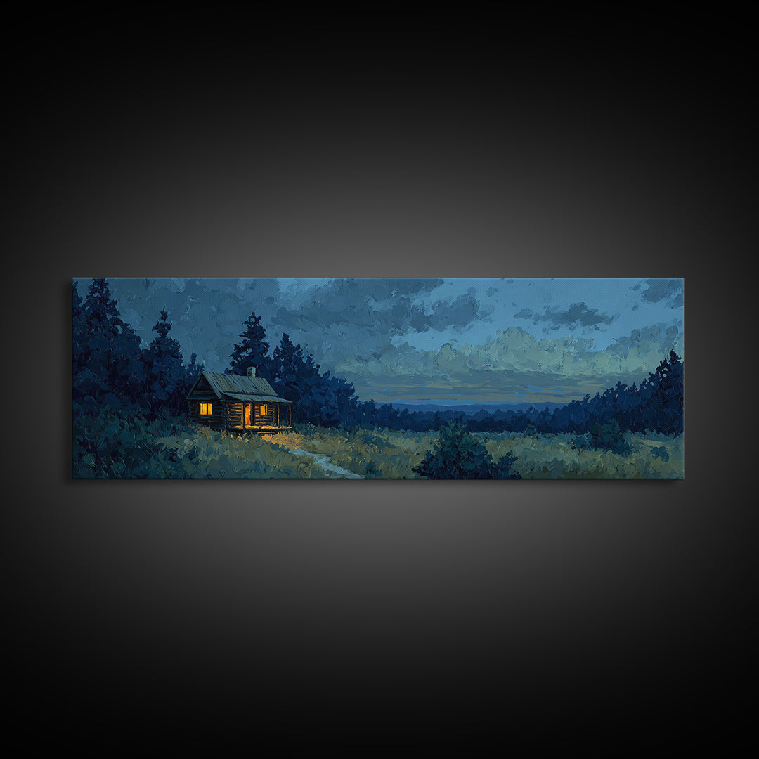 Forest Cabin Night Scene Framed Canvas Print, Basement Art, Contemporary Art, Living Room Decor, Oil Painting, Retreat, BAS-3x1-55