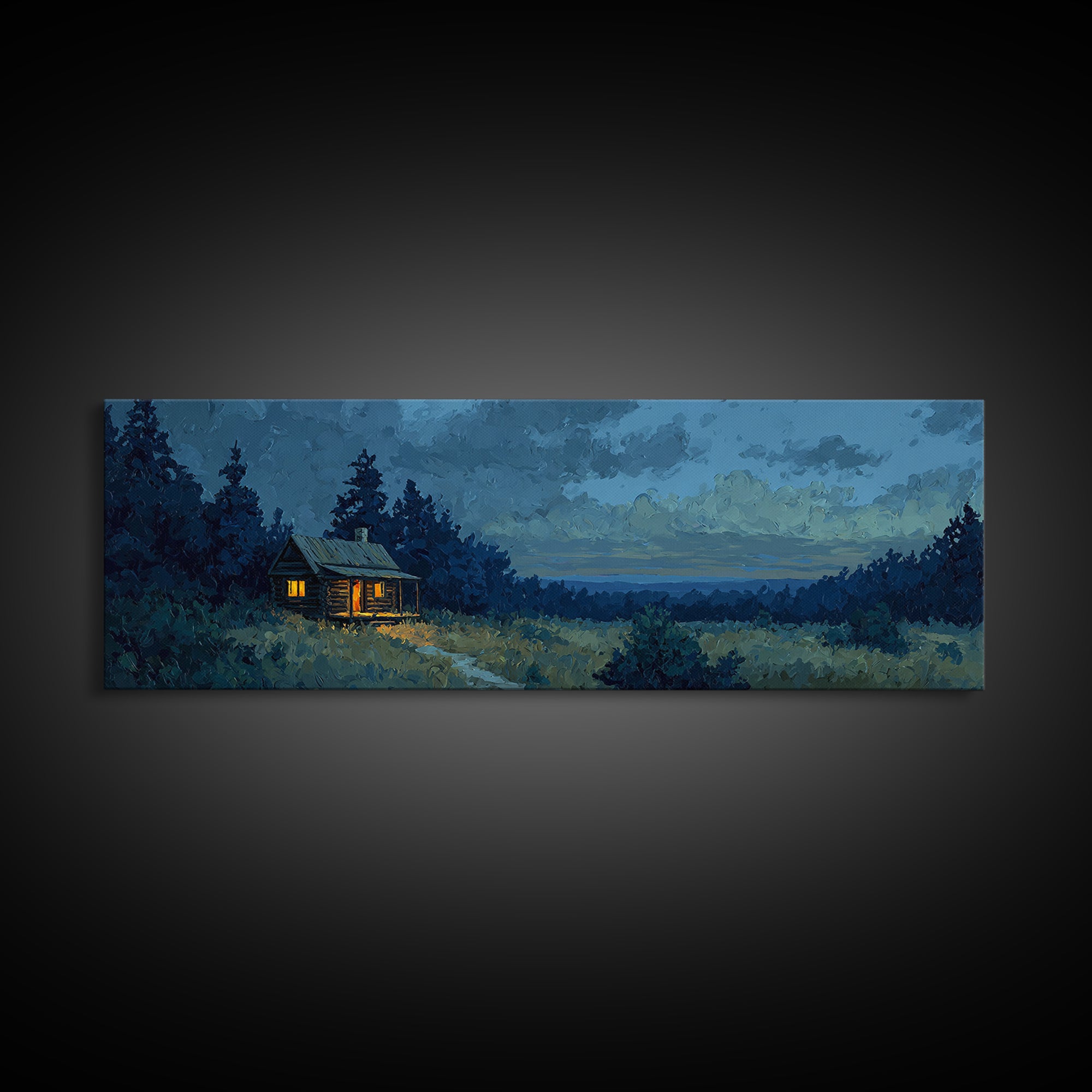 Forest Cabin Night Scene Framed Canvas Print, Basement Art, Contemporary Art, Living Room Decor, Oil Painting, Retreat, BAS-3x1-55