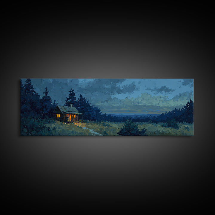Forest Cabin Night Scene Framed Canvas Print, Basement Art, Contemporary Art, Living Room Decor, Oil Painting, Retreat, BAS-3x1-55