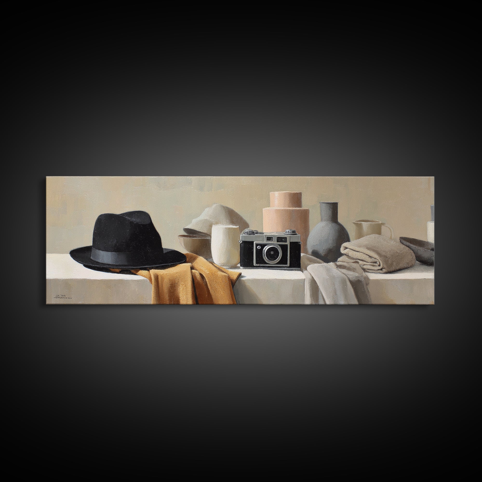 Noir Detective Hat and Camera Still Life Framed Canvas Print, Basement Art, Wall Art, Living Room Decor, Fine Art, Retreat, BAS-3x1-59