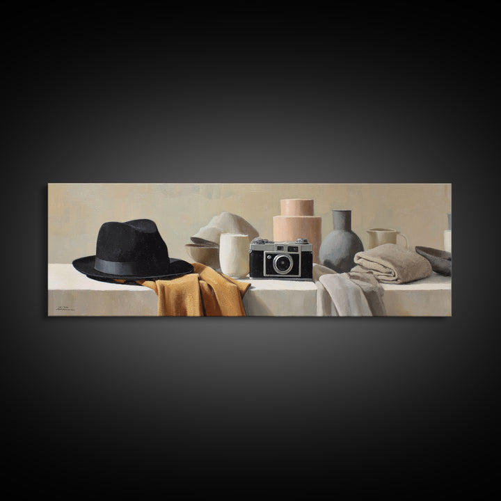 Noir Detective Hat and Camera Still Life Framed Canvas Print, Basement Art, Wall Art, Living Room Decor, Fine Art, Retreat, BAS-3x1-59