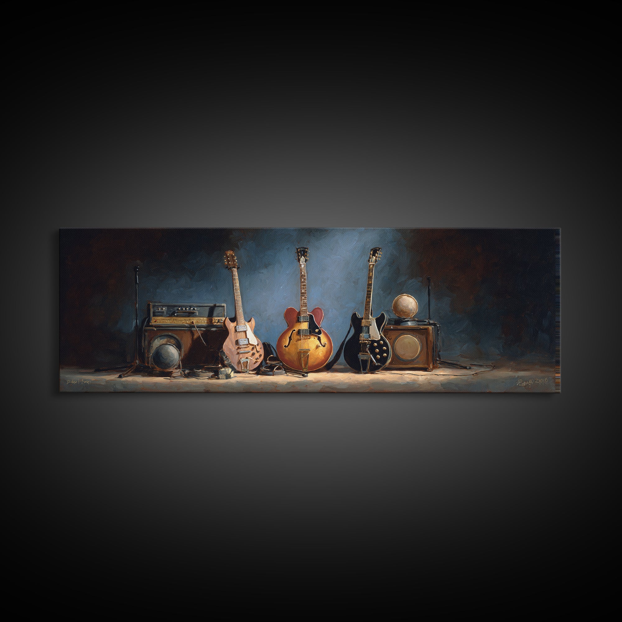 Classic Rock Guitar Still Life Framed Canvas Print, Basement Art, Cocktail Art, Living Room Decor, Fine Art, Retreat, BAS-3x1-69