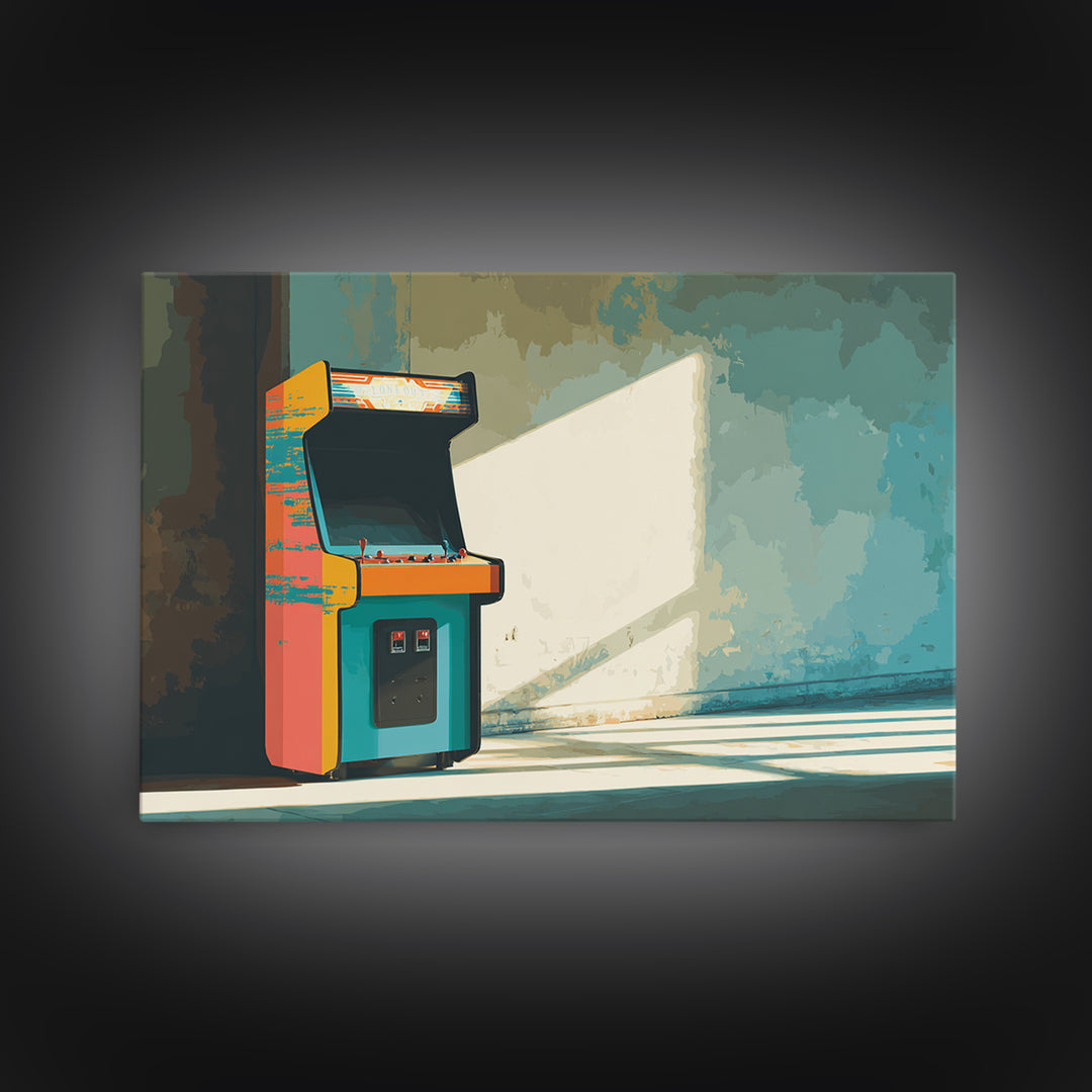 Retro Arcade Cabinet Graphic Framed Canvas Print, Basement Art, Bar Wall Art, Living Room Decor, Retreat, Neutral Decor, BAS-3x2-5