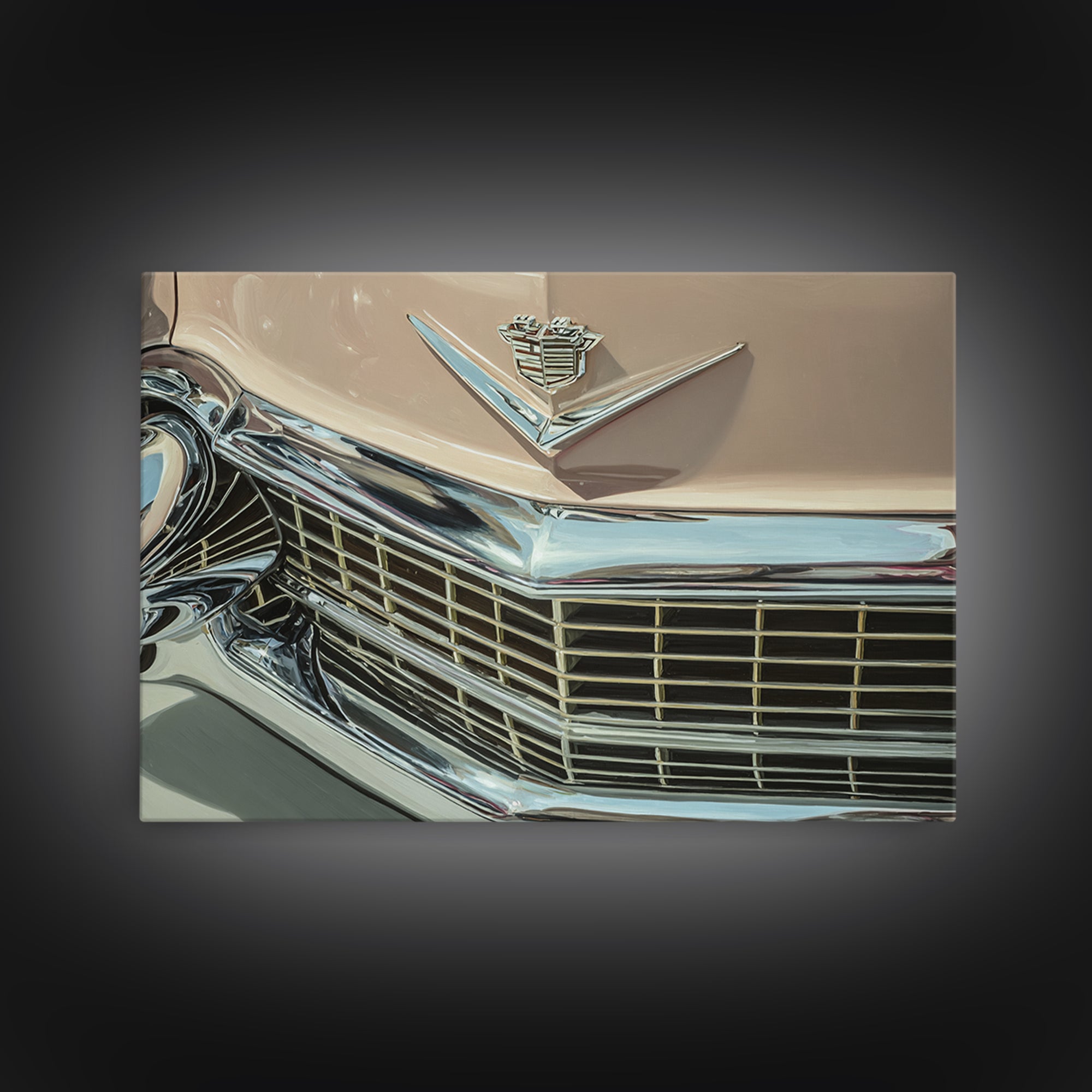 Classic Car Front Grill Closeup Framed Canvas Print, Basement Art, Bar Decor, Living Room Decor, Oil Painting, Retreat, BAS-3x2-50