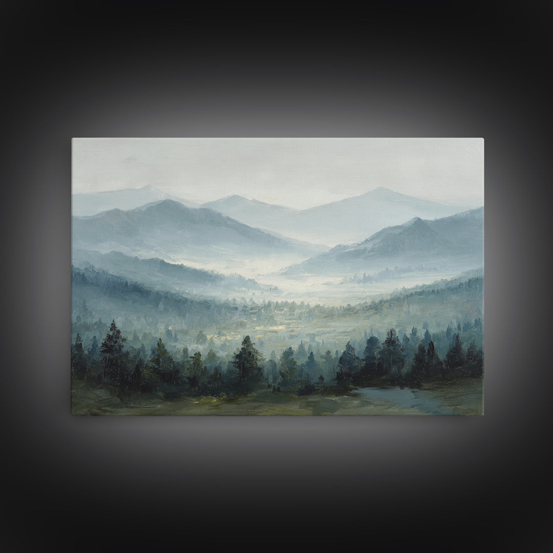 Moody Mountain Landscape for a Cozy Lounge Framed Canvas Print, Basement Art, Original Art Prints, Living Room Decor, Retreat, BAS-3x2-79