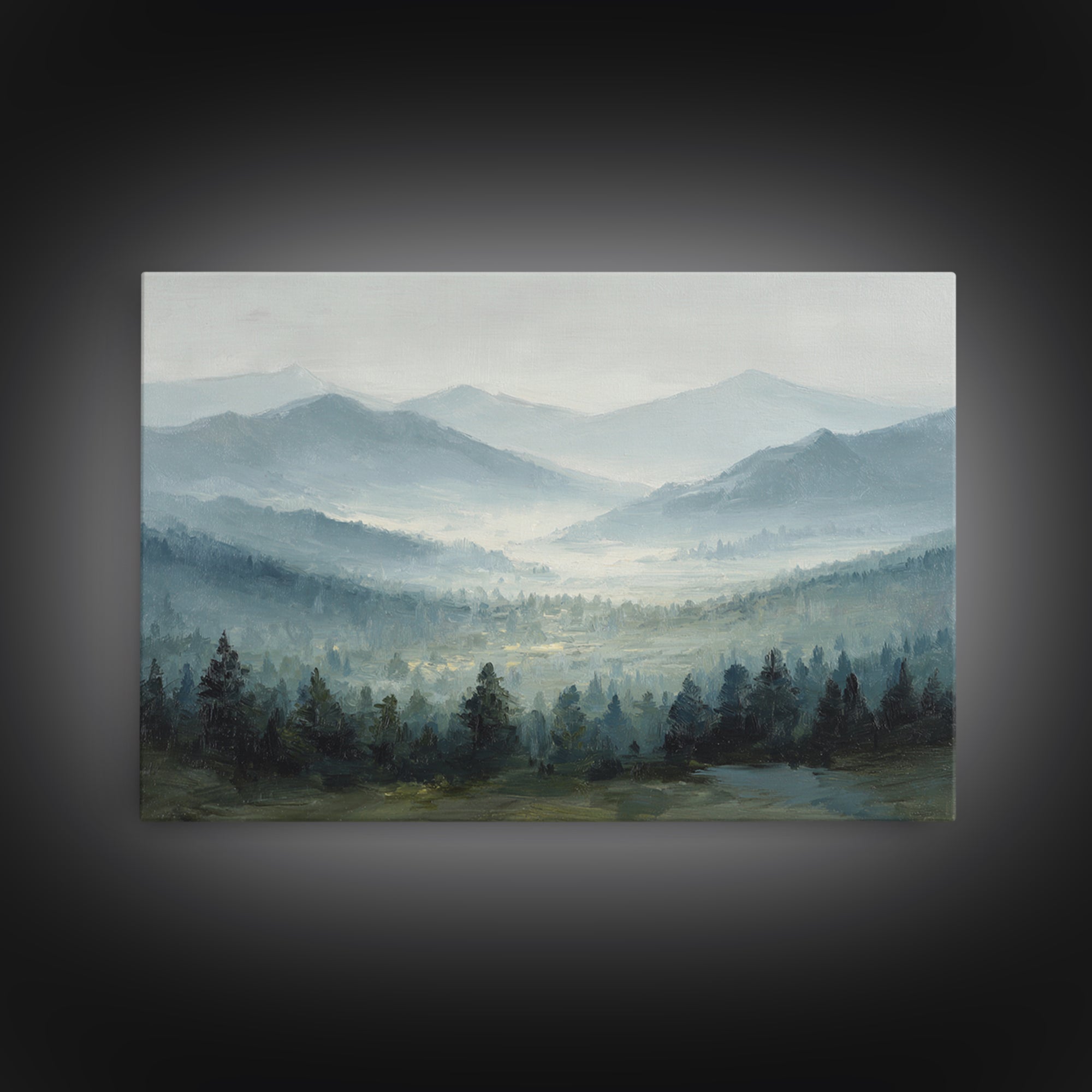 Moody Mountain Landscape for a Cozy Lounge Framed Canvas Print, Basement Art, Original Art Prints, Living Room Decor, Retreat, BAS-3x2-79